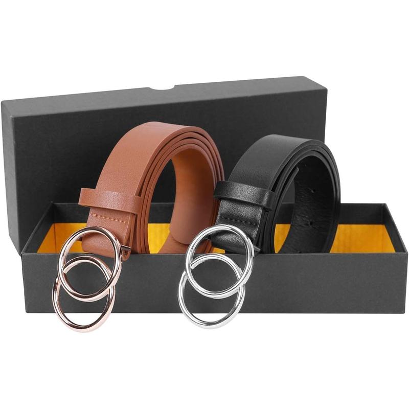 2 Pack Women Leather Belts Faux Leather Jeans Belt with Double O Ring Buckle