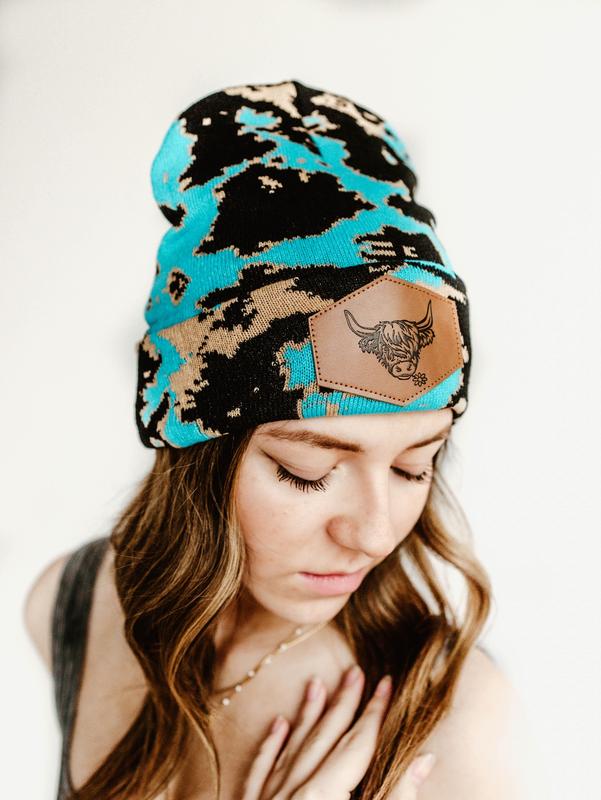 Blue Highland Cow Print Beanie