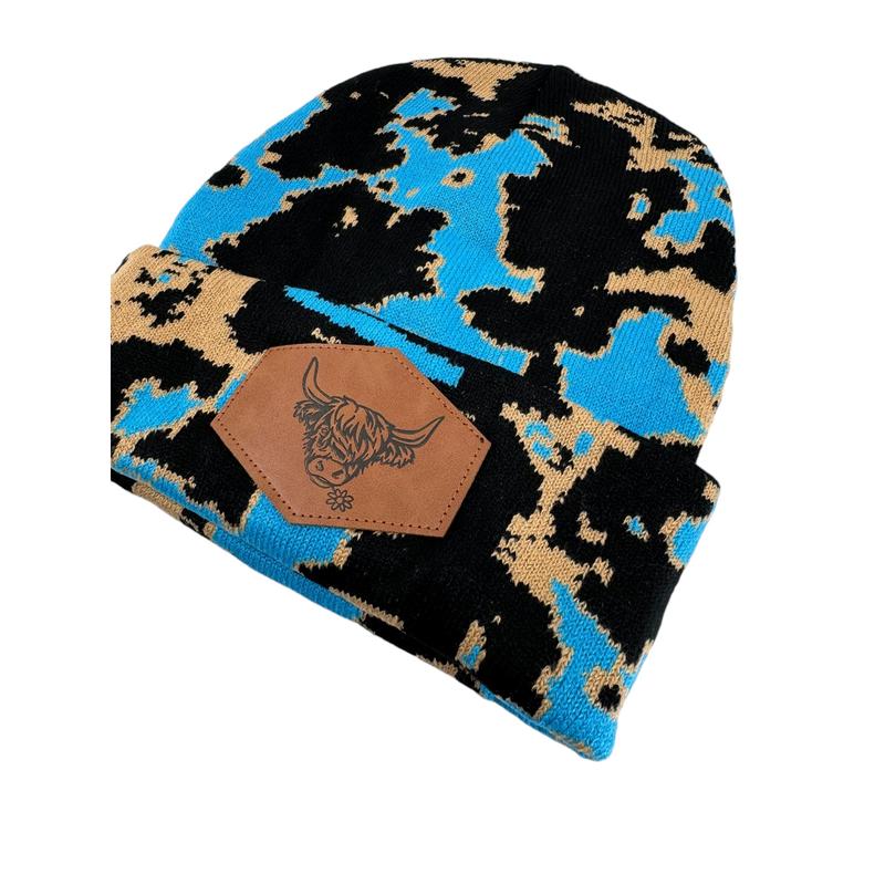 Blue Highland Cow Print Beanie