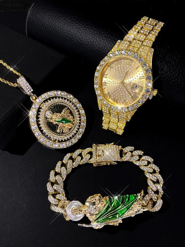 Men's Hip Hop Rhinestone Decorated Watch & Bracelet & Necklace, Luxury Quartz Watch with Date Display, Fashion Watch Set for Party, Daily Decor, Exquisite Watch Set for Gift