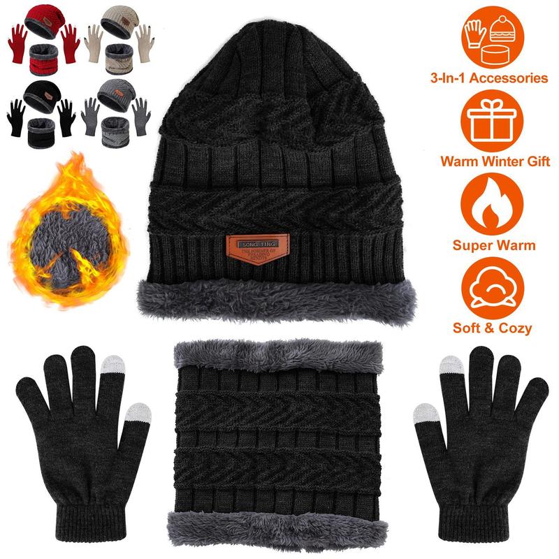 3-Pieces Winter Hat Gloves Scarf Set, Knit Warm Beanie Hat Neck Warm Touch Screen Mittens for Women and Men, Great Christmas Gift