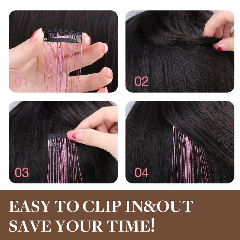 Hair Tinsel, 6pcs Clip in Hair Tinsel 24inch with Clips, Fairy Hair Sparkle Strands