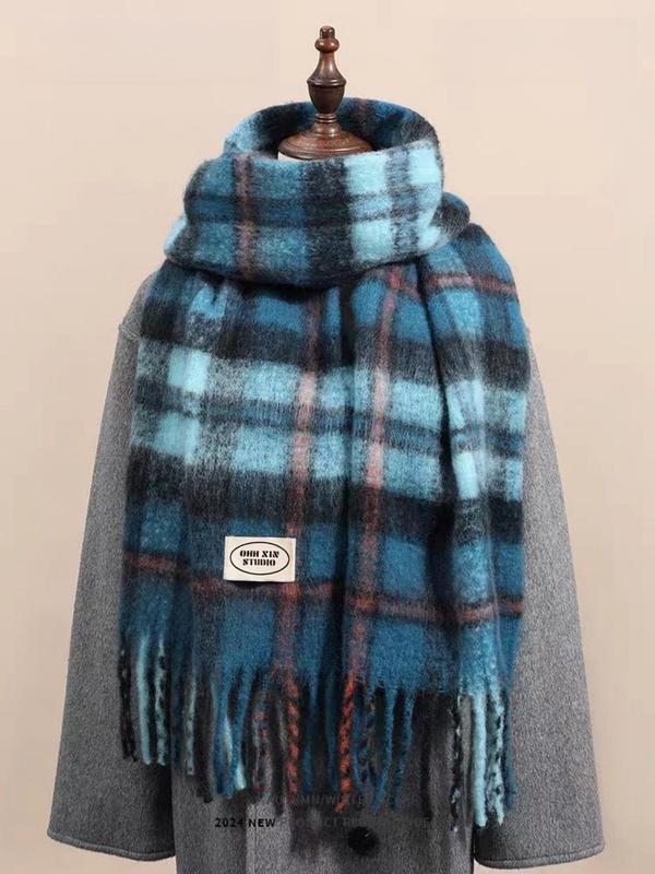 Tartan Pattern Tassel Decor Scarf, Casual Soft Warm Thick Thermal Shawl for Fall & Winter, Fashion Accessories for Women & Men