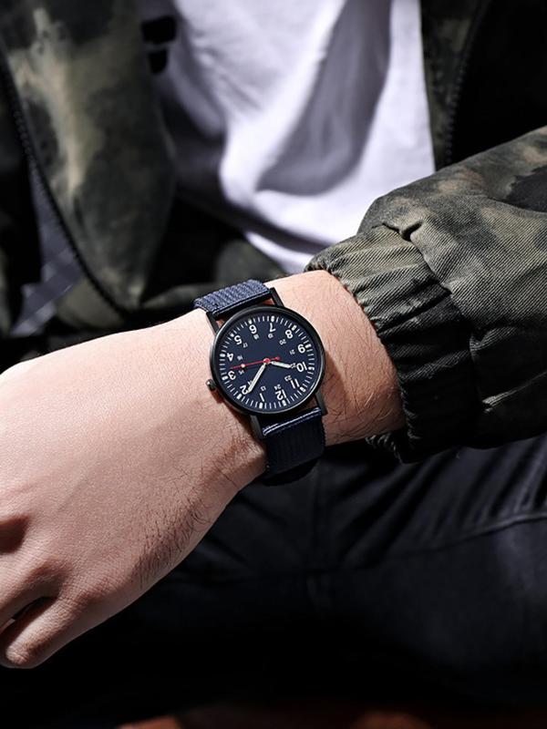 Men's Sporty Round Dial Analog Quartz Watch, Fashionable Nylon Watch with Clasp Closure for Men, Trendy All-match Watch for Birthday Gift with Box