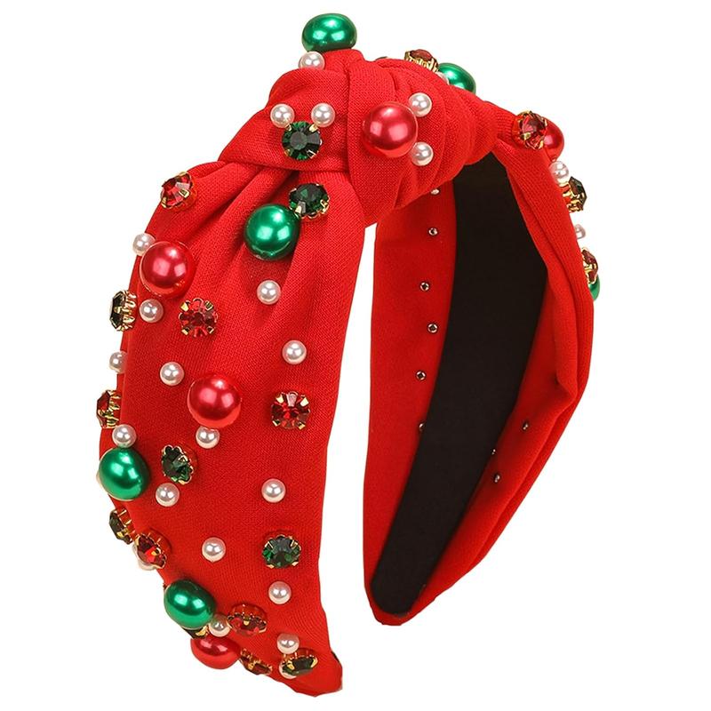 Christmas Headband for Women Pearl Knotted Headband Xmas Red Green Pearl Rhinestone Crystal Jeweled Hairband Fashion Elegant Ladies Wide Top Knot Hair Bands Headpiece Holiday Outfits Gifts (Red)