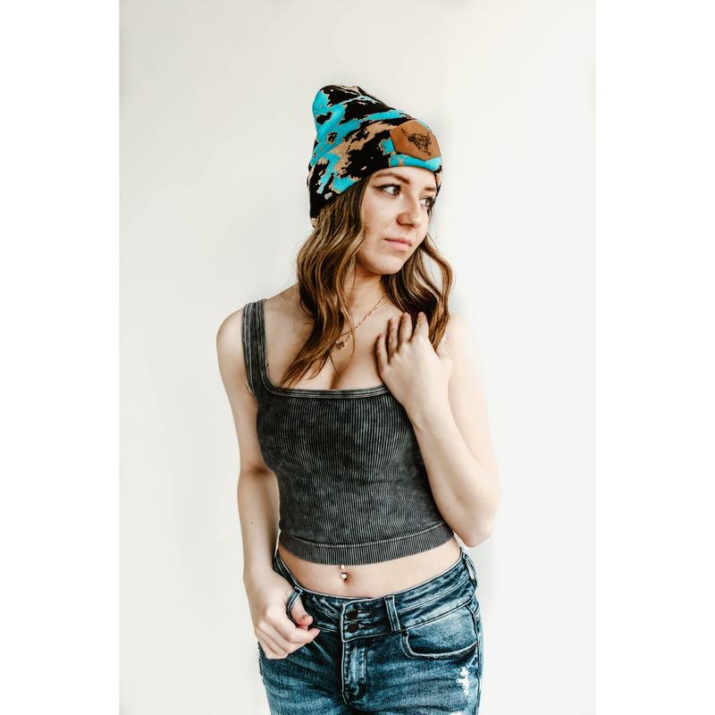 Blue Highland Cow Print Beanie