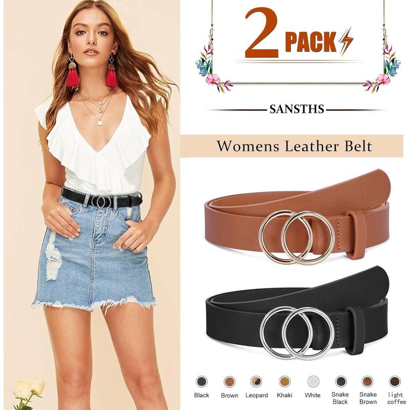 2 Pack Women Leather Belts Faux Leather Jeans Belt with Double O Ring Buckle