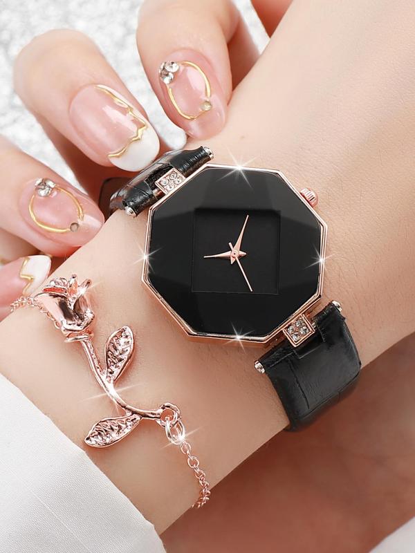 Women's Geometric Dial Quartz Watch & Flower Charm Bracelet, 2pcs set Casual Rhinestone Decorated Matching Wristwatch Set, without Box