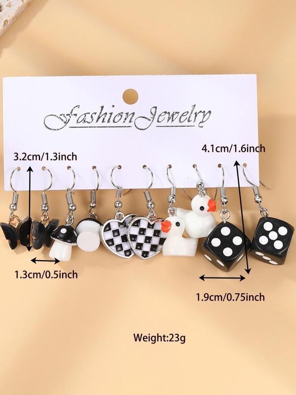 5 Pairs Cute Cartoon Dangle Earrings, Heart & Butterfly & Duck & Dice & Checkerboard Shaped Earrings for Women & Girls, Elegant All-match Fashion Accessories for Daily Wear