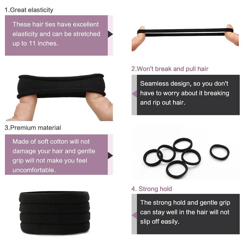 100PCS Black Hair Ties for Women, No Crease No Damage, Seamless Cotton Bands for Thick Thin Hair, Soft Ponytail Holders, Accessories for Girls