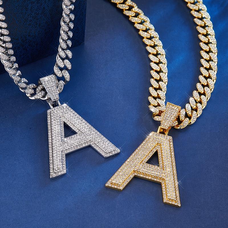 1Pc Initial Letter Decorative Pendant, Iced 13mm Cuban Link Chain