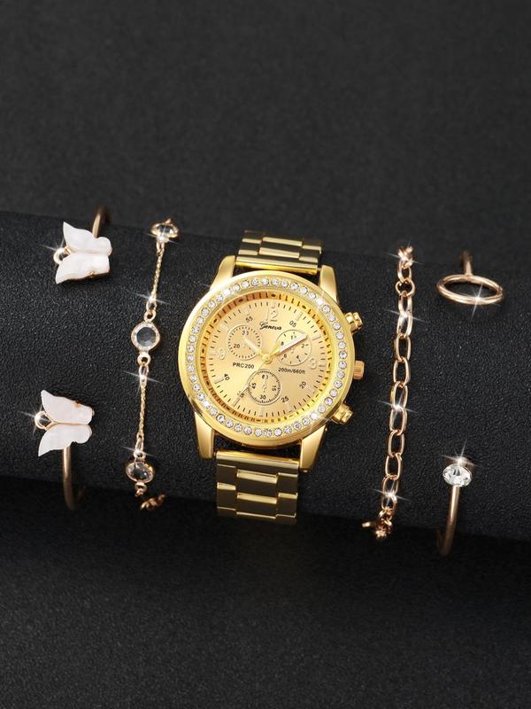 Women's Elegant Rhinestone Decorated Analog Quartz Watch & Butterfly & Chain Bracelet, Fashionable Trendy Watch Set for Women & Girls for Gift without Box