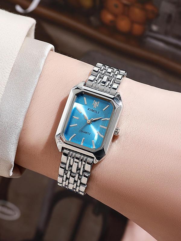 Women's Elegant Rectangle Dial Quartz Watch, Fashionable Stainless Steel Strap Wristwatch for Women & Girls, Trendy All-match Watch for Birthday Gift