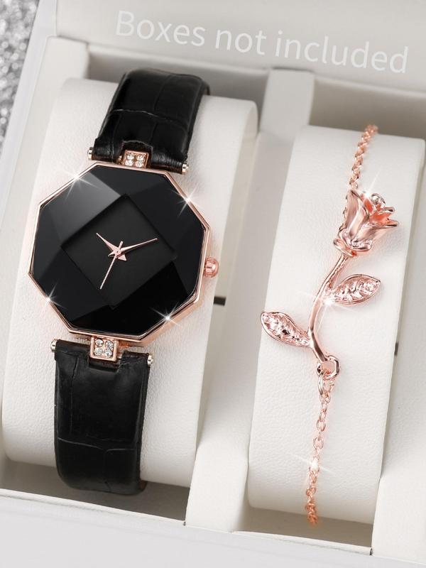 Women's Geometric Dial Quartz Watch & Flower Charm Bracelet, 2pcs set Casual Rhinestone Decorated Matching Wristwatch Set, without Box