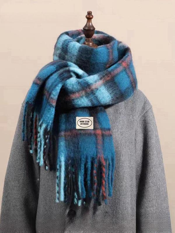 Tartan Pattern Tassel Decor Scarf, Casual Soft Warm Thick Thermal Shawl for Fall & Winter, Fashion Accessories for Women & Men