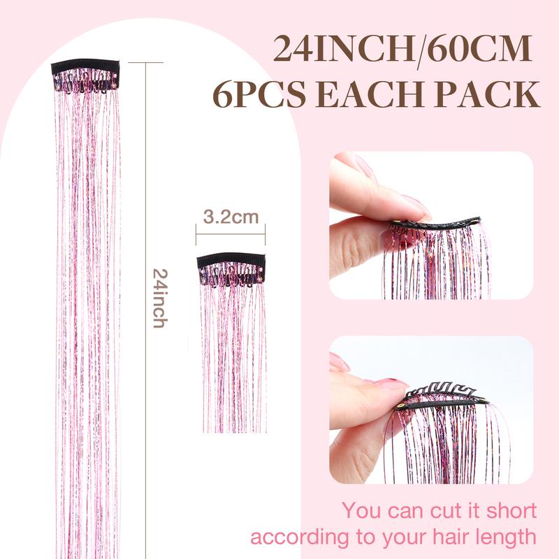 Hair Tinsel, 6pcs Clip in Hair Tinsel 24inch with Clips, Fairy Hair Sparkle Strands