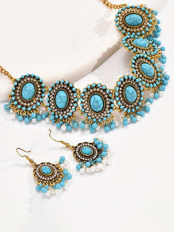 Boho Style Turquoise Beads Decor Necklace & Dangle Earrings, Vintage Trendy Jewelry Set, Fashion Accessories for Women & Girls