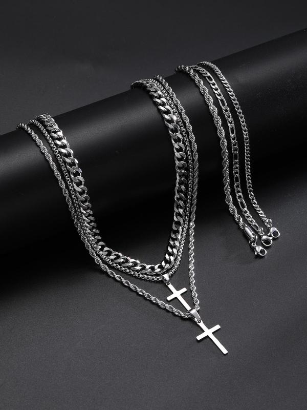 Men's Street Trend Cross Pendant Necklace & Bracelet & Stud Earrings, Fashion Jewelry Set for Party, Daily Decor, Trendy All-match & Exquisite Jewelry for Birthday Gift