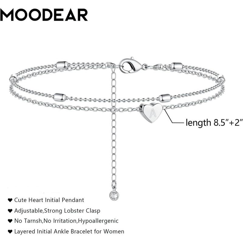 Moodear Ankle Bracelets for Women,Silver Initial Anklet Layered Dainty Heart Charm Alphabet A-Z Letter Ankle Bracelet Beade