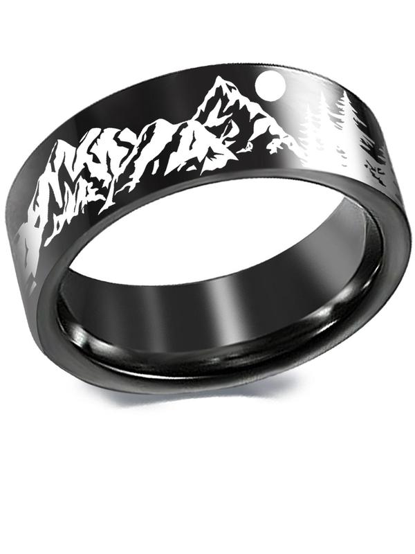 Mountain & Snow Mountain Landscape Pattern Ring, Stainless Steel Ring for Men & Women, Fashion Matching Jewelry for Outdoor Activities