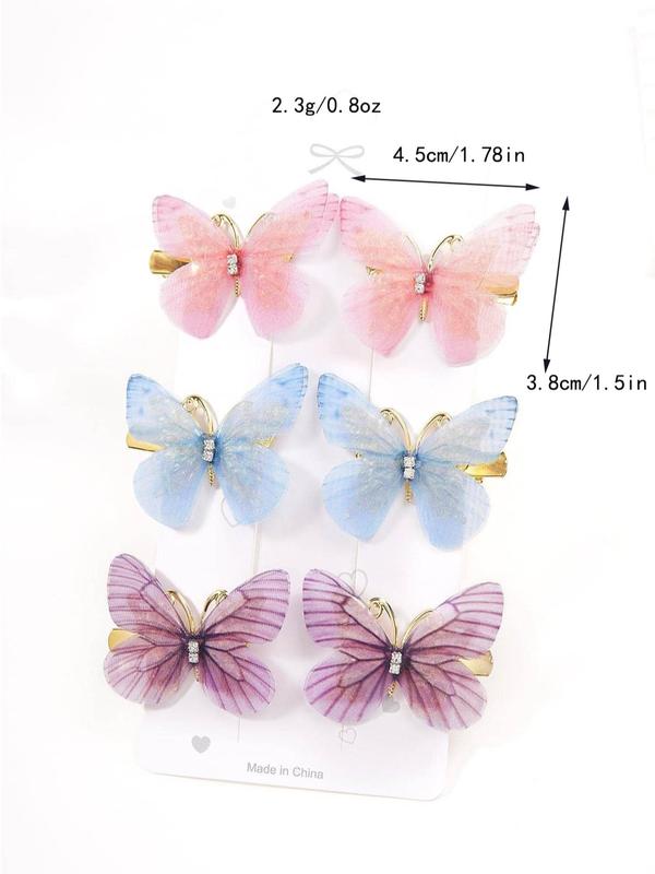 6pcs set Cute Butterfly Design Hair Clips, Ombre Hair Clips, Tulle Series Hair Clips, Retro Fashion Alloy Hair Accessories for Women and Girls