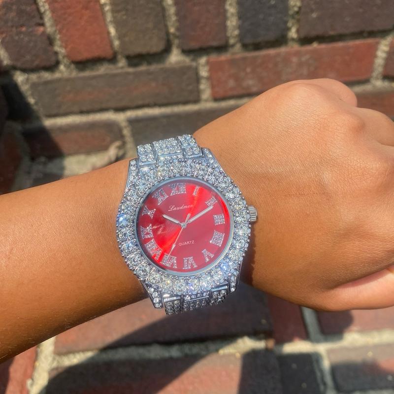 Iced Bling Out Red Blue Silver PT Hip Hop Watch Analog Luxury