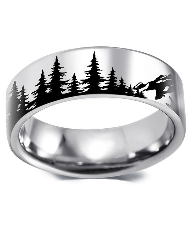 Mountain & Snow Mountain Landscape Pattern Ring, Stainless Steel Ring for Men & Women, Fashion Matching Jewelry for Outdoor Activities