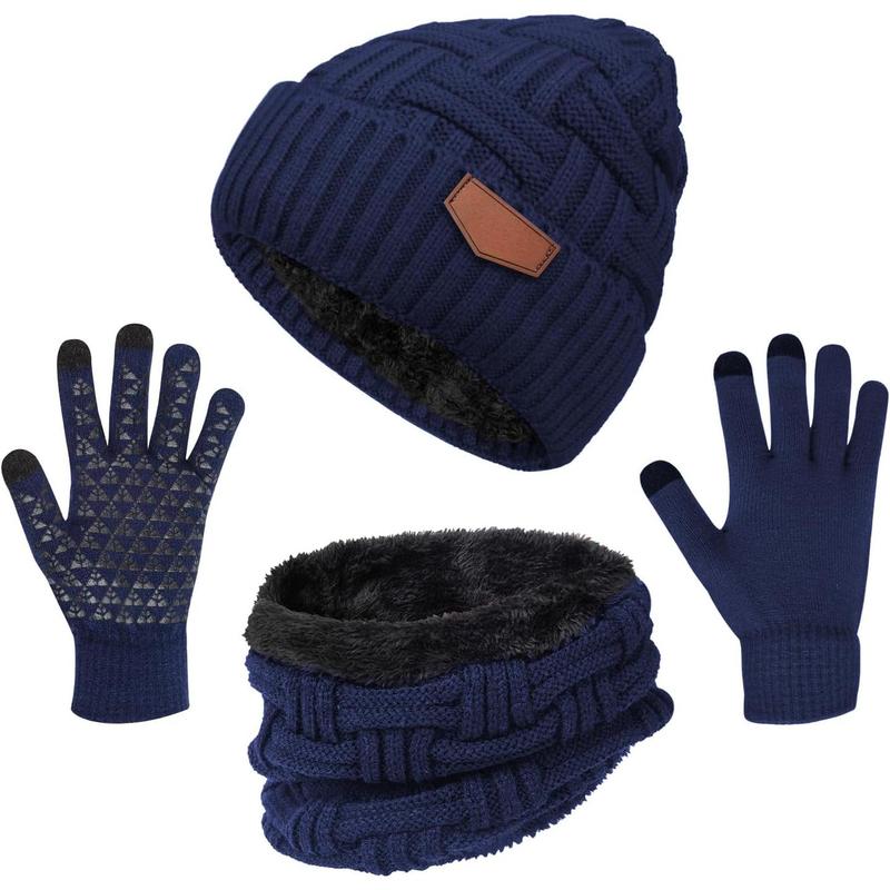 3-Pieces Winter Beanie Hat Scarf and Touch Screen Gloves Set Warm Knit Skull Cap for Men Women