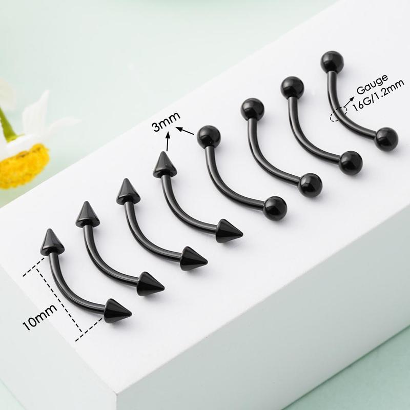 Oufer 16G 10MM 8PCS Black Balls and Spikes Rook Eyebrow Ring Curved Barbell