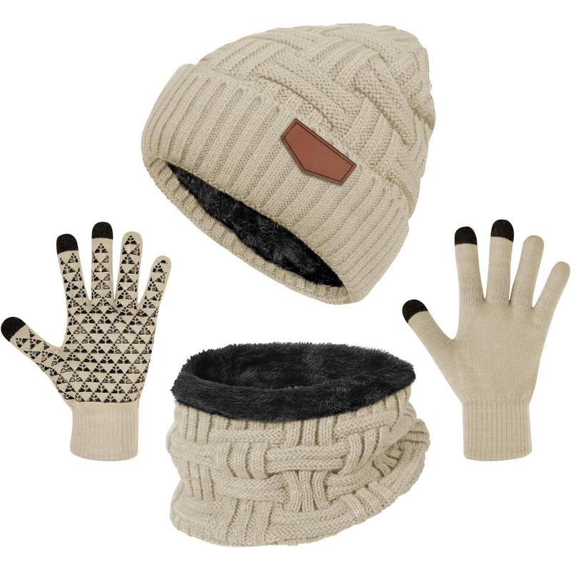 3-Pieces Winter Beanie Hat Scarf and Touch Screen Gloves Set Warm Knit Skull Cap for Men Women