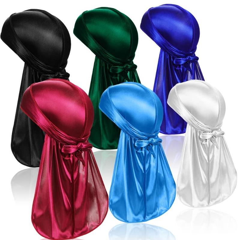 6 Pack Silky Durag Headwraps Dorag for Men Women Waves, Durags Pack with Long Tail and Wide Straps, 6 Colors