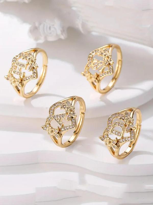 Fashion Letter Design Rhinestone Decorated Ring, 1 Count Elegant Hollow Out Flower Ring for Women, Fashion Jewelry for Party, Daily Decor, Trendy All-match & Exquisite Jewelry for Gift