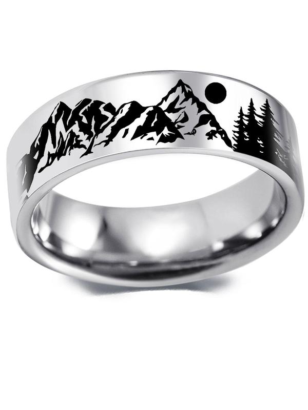 Mountain & Snow Mountain Landscape Pattern Ring, Stainless Steel Ring for Men & Women, Fashion Matching Jewelry for Outdoor Activities