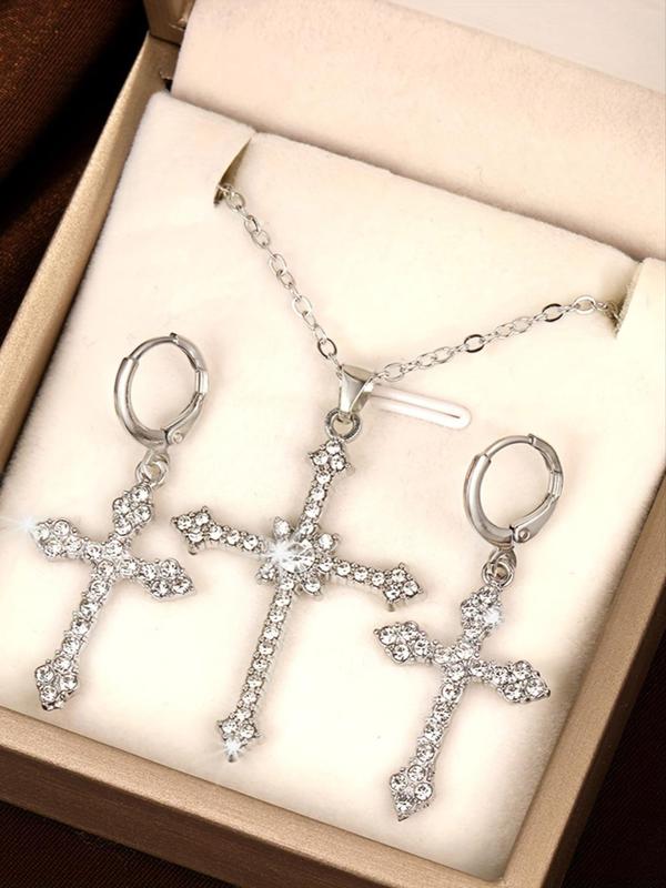 3pcs set Women's Rhinestones Decorated Pendant Necklace & Dangle Earrings with Cross Design, Elegant Exquisite Jewelry Set For Party Decoration As Gift Without Box