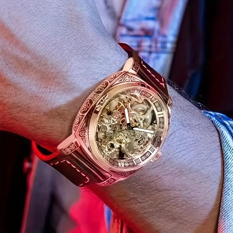 Mens' Fashionable Golden Trendy Hollow Carved Automatic Mechanical Watch - Wrist Watches with Carved Dial esso watches luxury  watches