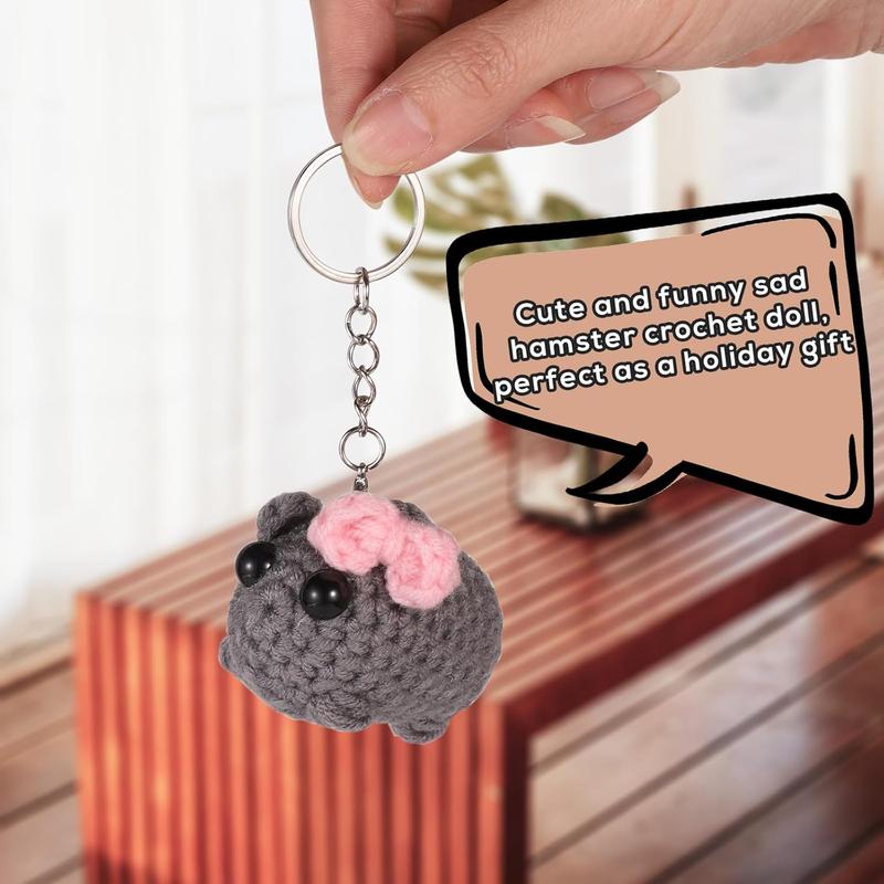 Sad Hamster Keychain, Cute Crochet Sad Hamster Meme Plush Positive Hamster Knitted Hamster Keychain Sad Hamster Knitting Doll with Bow for Office Desk Home Decor Gift