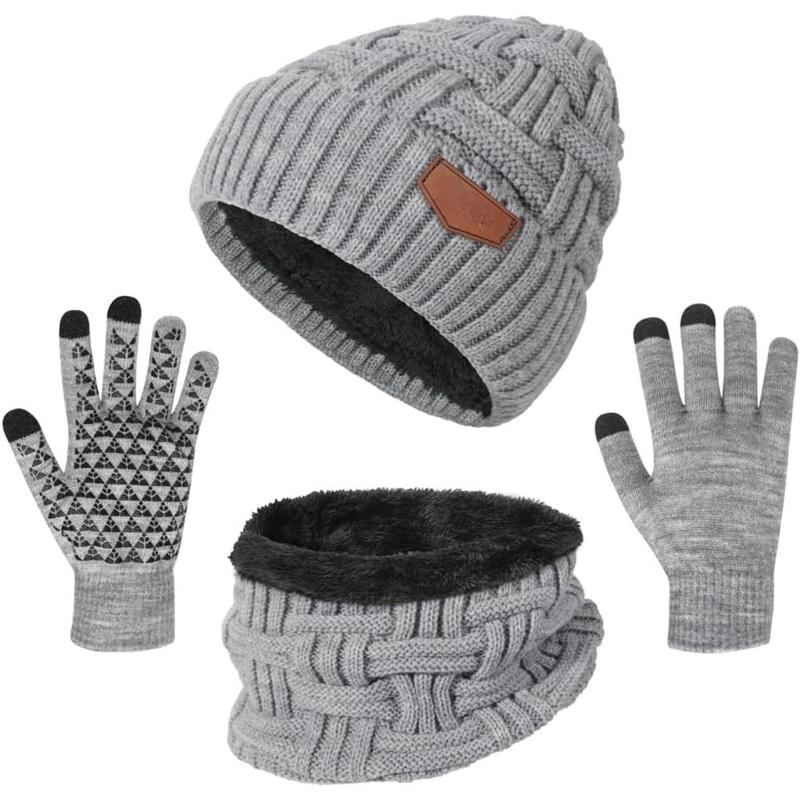 3-Pieces Winter Beanie Hat Scarf and Touch Screen Gloves Set Warm Knit Skull Cap for Men Women