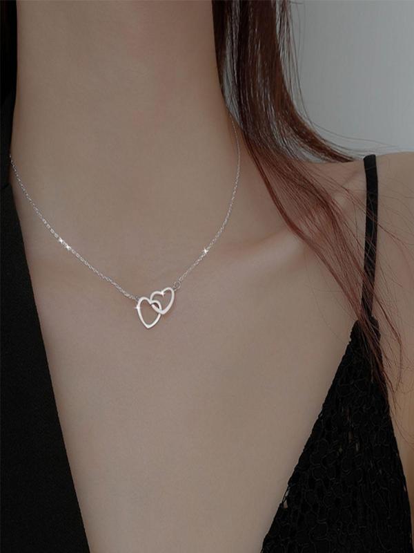 Versatile Double Hollow out Heart Pendant Necklace for Gift, Stainless Steel Chain Necklace Jewelry for Party, Trendy Teen Girl Accessories As Gift for Daily Wear, without Box