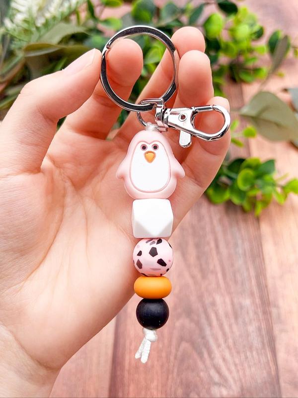 Cute Penguin Design Beaded Decor Keychain, Colorblock Animal Design Keychain for Women & Men, Novelty Key Ring for Bag & Car Key