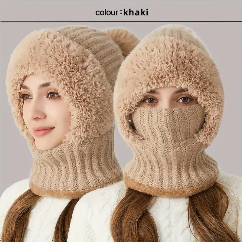 3-in-1 Winter Hat, Scarf and Mask Suit-Windproof Fleece Knitted Hat with Earmuffs, Suitable for Cycling, Hand Wash Acrylic Material