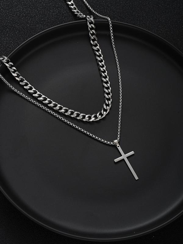 Men's Street Trend Cross Pendant Necklace & Bracelet & Stud Earrings, Fashion Jewelry Set for Party, Daily Decor, Trendy All-match & Exquisite Jewelry for Birthday Gift