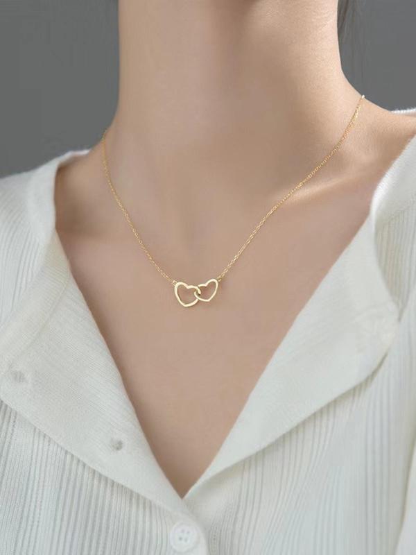 Versatile Double Hollow out Heart Pendant Necklace for Gift, Stainless Steel Chain Necklace Jewelry for Party, Trendy Teen Girl Accessories As Gift for Daily Wear, without Box