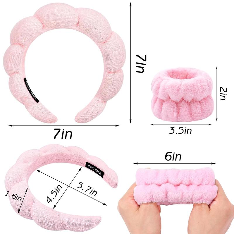 Spa Headband for Washing Face Wristband Sponge Makeup Skincare Headband Terry Cloth Bubble Soft Get Ready Hairband for Women Girl Puffy Padded Headwear Non Slip Thick Hair Accessory(Pink)