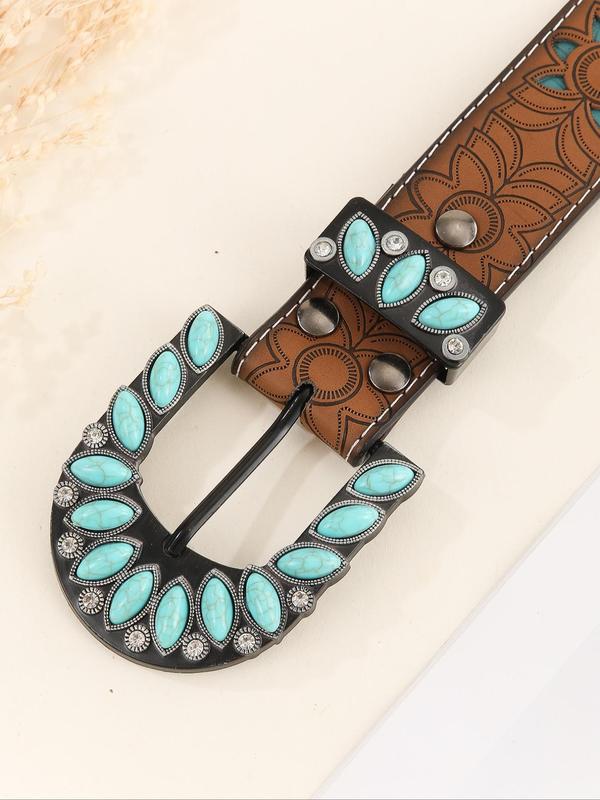 Women's Vintage Turquoise Texture Decorated PU Buckle Belt, Boho Style Rhinestone Decorated Belt for Jeans, Fashion Belt for Party, Daily Clothing Decor