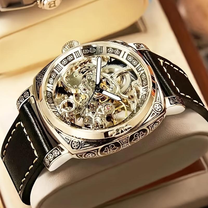 Mens' Fashionable Golden Trendy Hollow Carved Automatic Mechanical Watch - Wrist Watches with Carved Dial esso watches luxury  watches