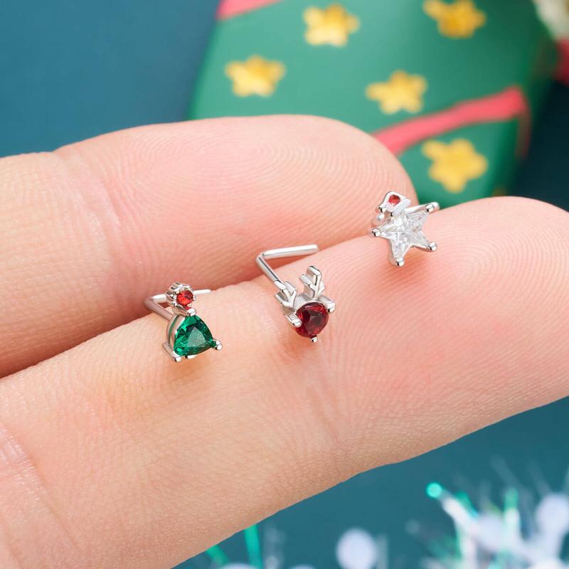 Oufer 20G 3PCS AAA+ Grade  L-Shaped Christmas Rudolph Star Tree Nostril Nose Piercing Studs Pack