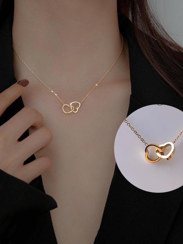 Versatile Double Hollow out Heart Pendant Necklace for Gift, Stainless Steel Chain Necklace Jewelry for Party, Trendy Teen Girl Accessories As Gift for Daily Wear, without Box