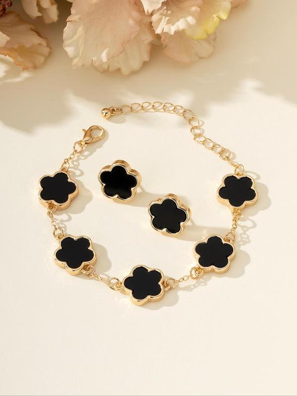 Lucky Five-leaf Clover Embellished Bracelet and Stud Earring Set, Fashion Jewelry for Women, Casual Jewelry for Party, Daily Decor, Trendy Jewelry for Gift