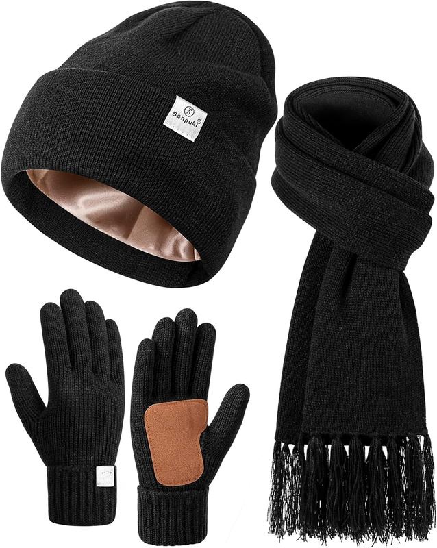 Womens Satin Lined Beanie Scarf Gloves Set, Silk Lined Winter Hats Knit Scarf Touchscreen Gloves, 3 Fashionable Warm Gift Set