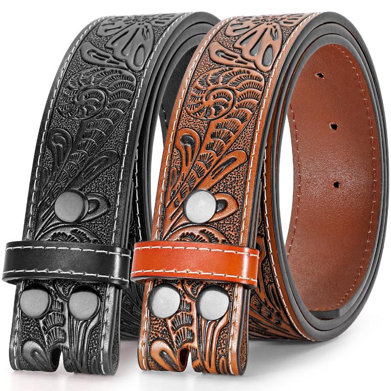 2 Pack Western Leather Belt Strap for Men Women without Buckle Cowboy Cowgirl Tooled Leather Engraved Belt Strap